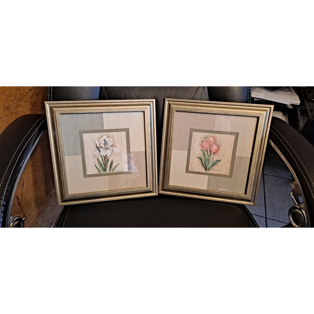2 framed Peggy Abrams botanical prints iris & tulips  double matted in white and